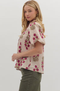 Ecru/Maroon Floral Puff Slv Top