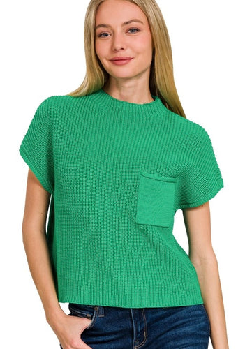 Kelly Green Mock Neck SS Cropped Sweater