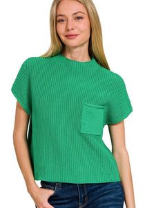 Kelly Green Mock Neck SS Cropped Sweater