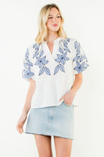 Load image into Gallery viewer, White Puff Slv Blue Floral Embroidery V-Neck Top (THML)