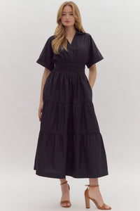 Black V-Neck SS Tiered Maxi Dress