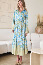 Load image into Gallery viewer, Light Olive/Blue Floral Pleated Collared Midi Dress