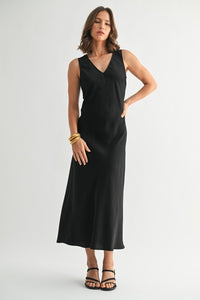 Black Satin V-Neck Maxi Dress