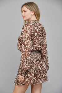Brown Animal Print Chiffon Smocked Waist Dress
