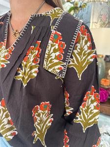 Brown Floral Detail LS V-Neck Top (THML)