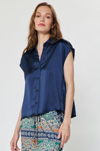 Load image into Gallery viewer, Cap Slv Satin Button Down Blouse Navy