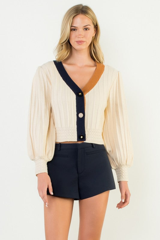 Cream Colorblocked Knit Cardigan (THML)