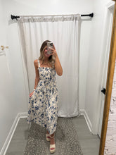Load image into Gallery viewer, Navy Floral Print Belted Midi Dress