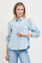 Load image into Gallery viewer, Light Denim Embroidered Shirring Slv Shirt