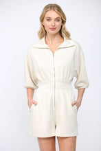 Load image into Gallery viewer, Scuba Soft Frnt Zip Smocked Waist Romper Ecru