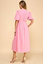 Load image into Gallery viewer, Pink V-Neck Tie Frnt Side Slit Midi Dress