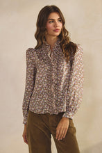Load image into Gallery viewer, Mocha Floral Ruffled Neck LS Blouse