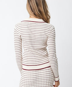 Cream/Maroon Striped Button Sweater Top