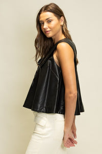 Black Leather Pintuck Lace Collar Top