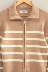 Taupe/White Striped Zip Through Sweater