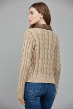 Load image into Gallery viewer, Taupe Contrast Leather Trim Frnt Zip Sweater