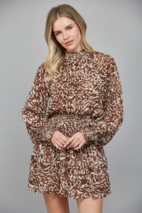 Brown Animal Print Chiffon Smocked Waist Dress
