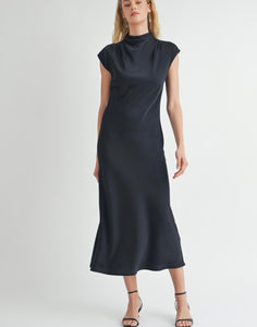 Black Satin Mock Neck Shirring Long Dress