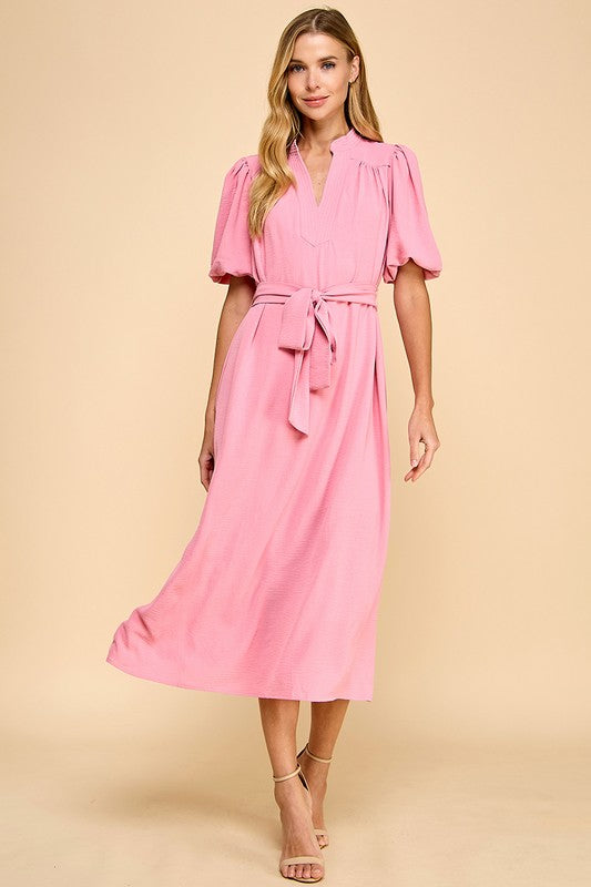 Pink V-Neck Tie Frnt Side Slit Midi Dress