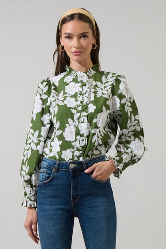 Green Cream Floral Ruffle Blouse