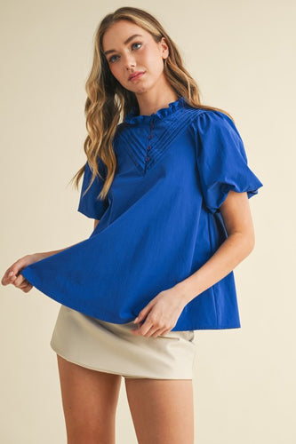 Ruffled Pleat Detail Blouse Royal Blue