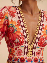 Load image into Gallery viewer, Red Resort Tropical Print V-Neck Puff Slv Maxi Dress