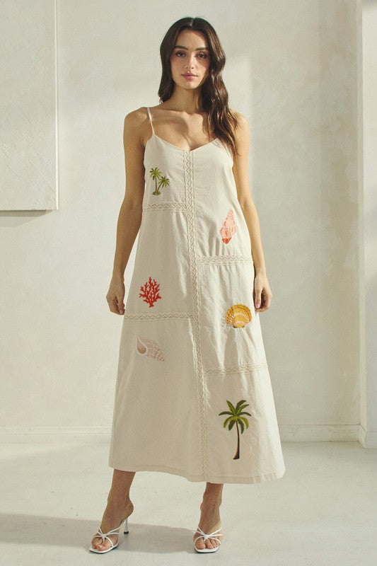 Sand Tropical Embroidered Slvls Maxi Dress