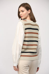Taupe/Off White Striped Sweater w/ Poplin Undershirt