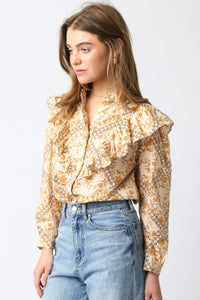 Natural Multi Floral LS Ruffled Top