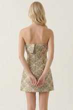 Load image into Gallery viewer, Mustard/Sage Tulip Jacquard Strapless Dress