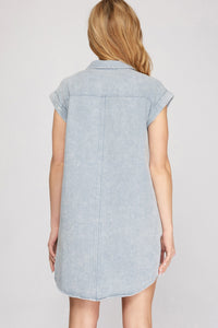 Blue Grey Denim Button SS Dress