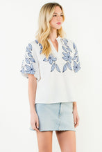 Load image into Gallery viewer, White Puff Slv Blue Floral Embroidery V-Neck Top (THML)