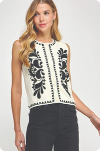 Ivory/Black Embroidered Slvls Knit Vest Top