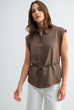Load image into Gallery viewer, Brown Slvls Button Down Tie Waist Top
