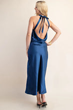 Load image into Gallery viewer, Prettiest Blue Satin Halter Open Back Dress
