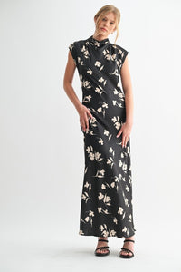 Black Flower Print Satin Mock Neck Maxi Dress