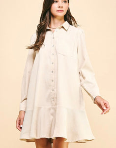 Oatmeal Corduroy Button Down LS Dress