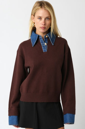 Denim Contrast Gold Button Sweater Brown