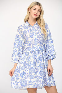 White/Blue Floral Puff Slv Mini Dress