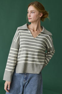 Heather Grey/White Collared V-Neck Sweater