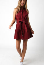 Load image into Gallery viewer, Maroon Slvls Denim Tie Waist Dress