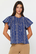 Load image into Gallery viewer, Berry Blue Eyelet Gold Button Flutter Slv Top