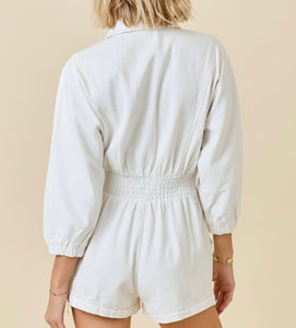 Off White Denim Collared Smocked Waist Romper