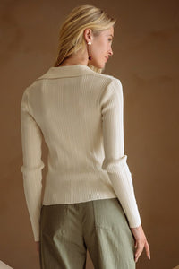 Cream Ribbed Knit Collared Shirt