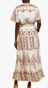 Cream Multi Print Tie Frnt Maxi Dress