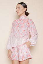 Load image into Gallery viewer, Pink Floral High Collar LS Button Blouse