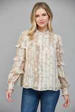 Load image into Gallery viewer, Cream/Taupe Snake Print Ruffle Slv Blouse