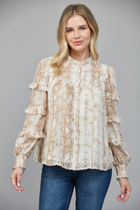 Cream/Taupe Snake Print Ruffle Slv Blouse