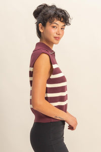 Maroon/White Striped Slvls Zipper Top