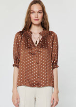 Load image into Gallery viewer, Cocoa Polka Dot Ruffled SS Tie Top